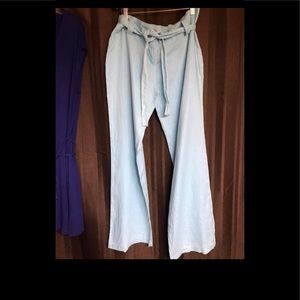 Light Blue linen wide leg pants with tie belt.